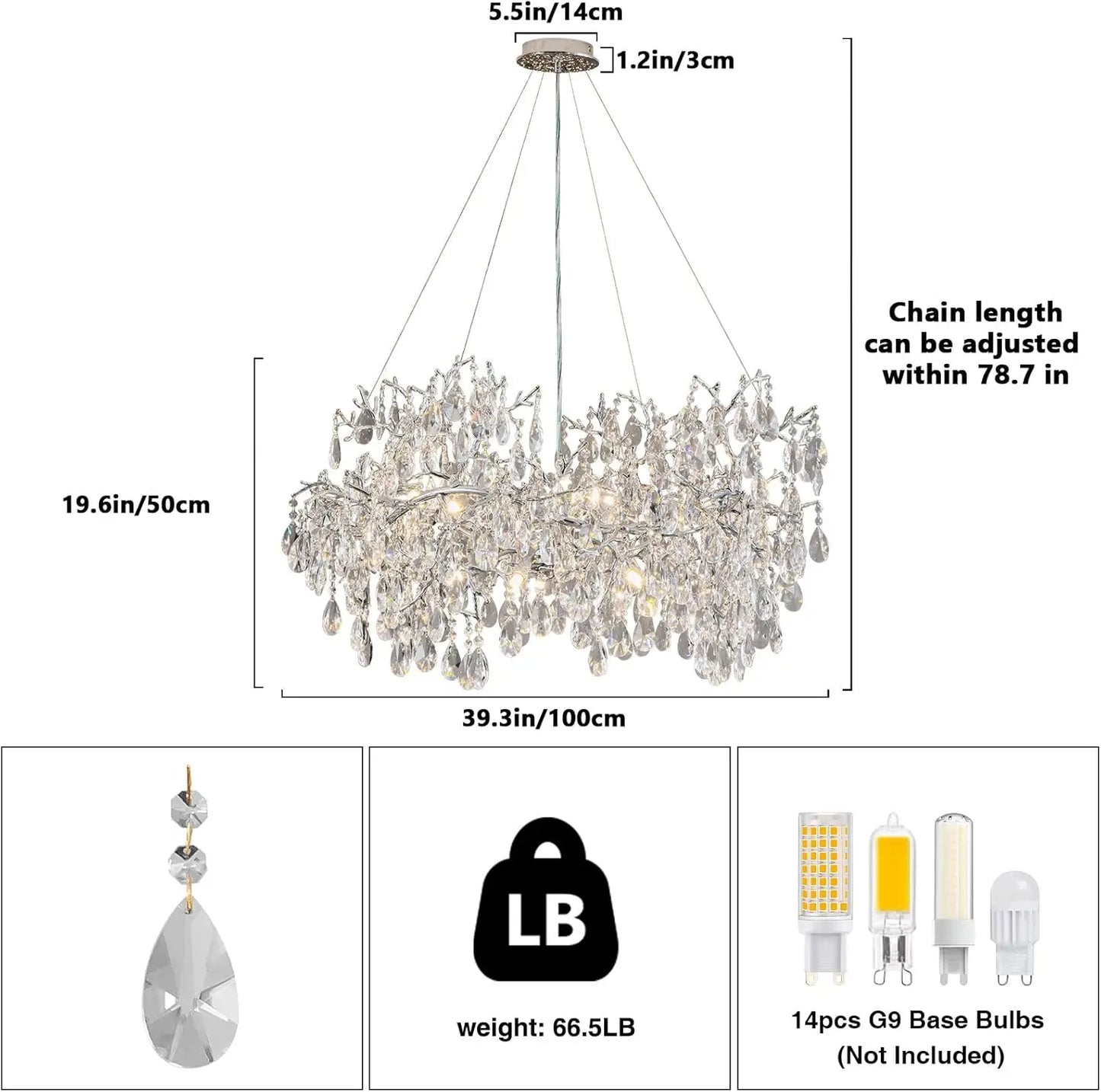 Luxury Modern Crystal Pendant Chandelier Hanging Living Room Lamp Dining Table Silver Branch Rectangular Chandeliers for Kitchen