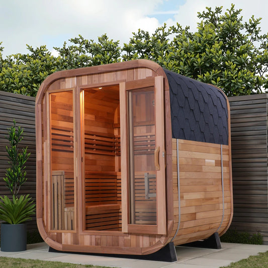 Best-Selling Outdoor 4 Person Cedar Steam Sauna Sliding Door Cube Traditional Wet Steam Sauna for Family Relaxation