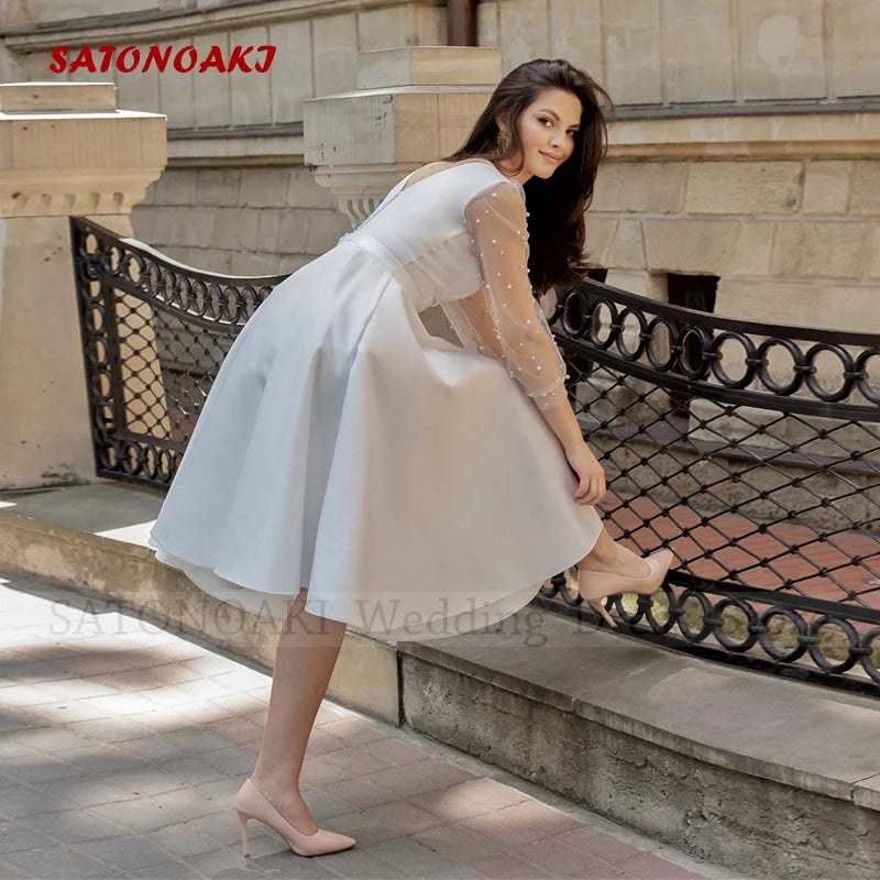 Elegant Boho Satin Short Wedding Dress for Bride A-Line O-Neck Backless Knee Length Bride Gowns Vestidos De Novia