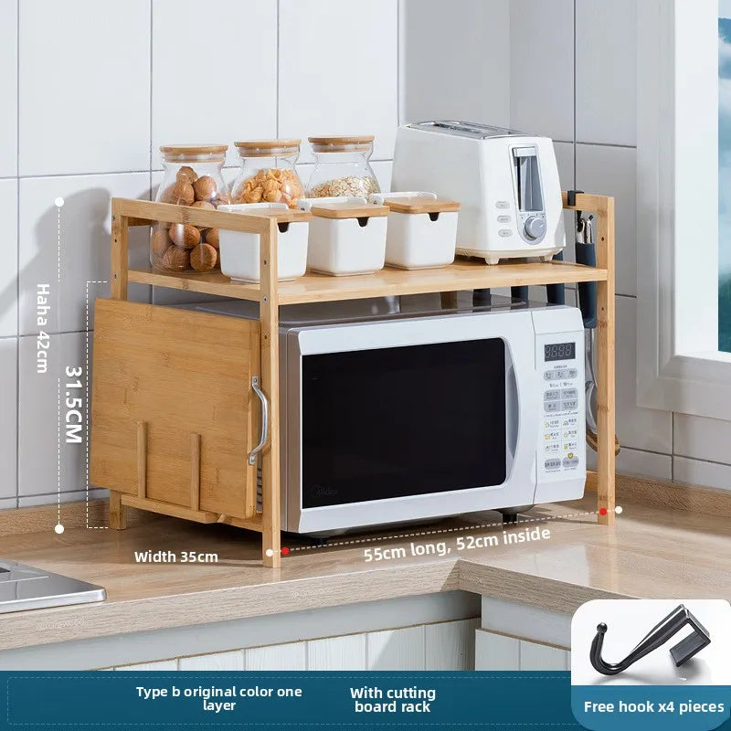 Kitchen Shelf Countertop Double Microwave Oven Shelf Desktop Seasoning Oven Storage Rack Bamboo Solid Wood