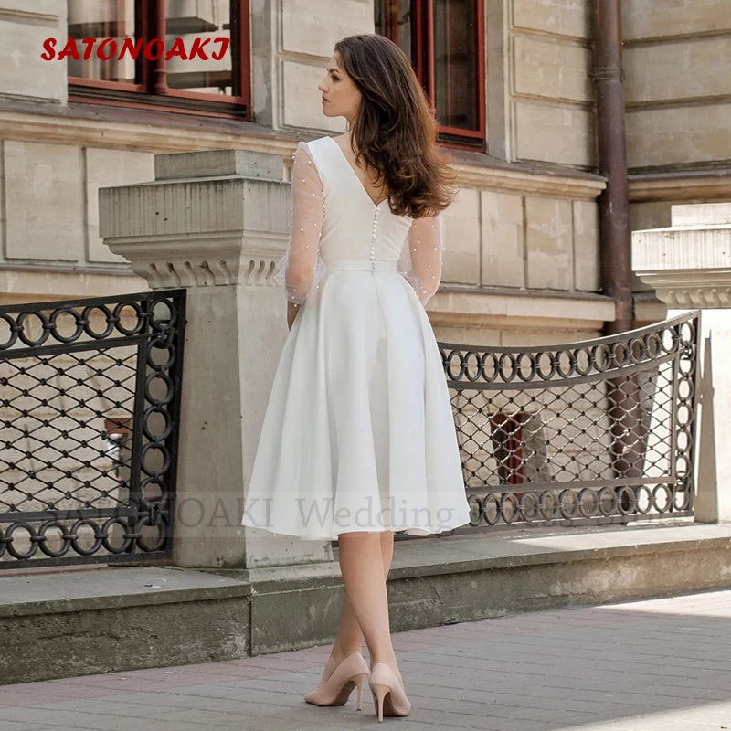 Elegant Boho Satin Short Wedding Dress for Bride A-Line O-Neck Backless Knee Length Bride Gowns Vestidos De Novia