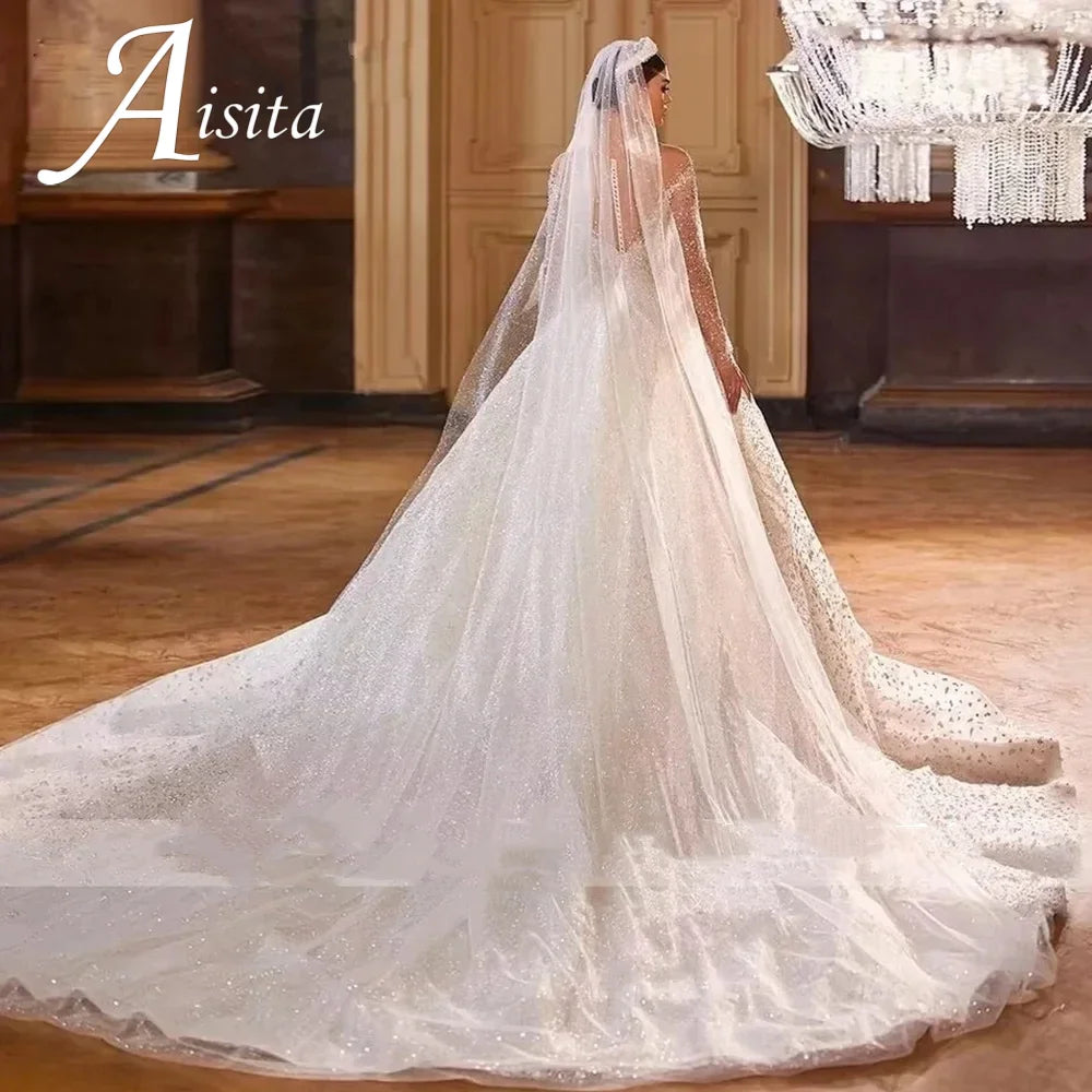 Vestidos De Novia Shining Sequin A-Line Long Sleeves Ball Gown Wedding Dress Beading Tulle Luxury Hochzeitskleid Button Back