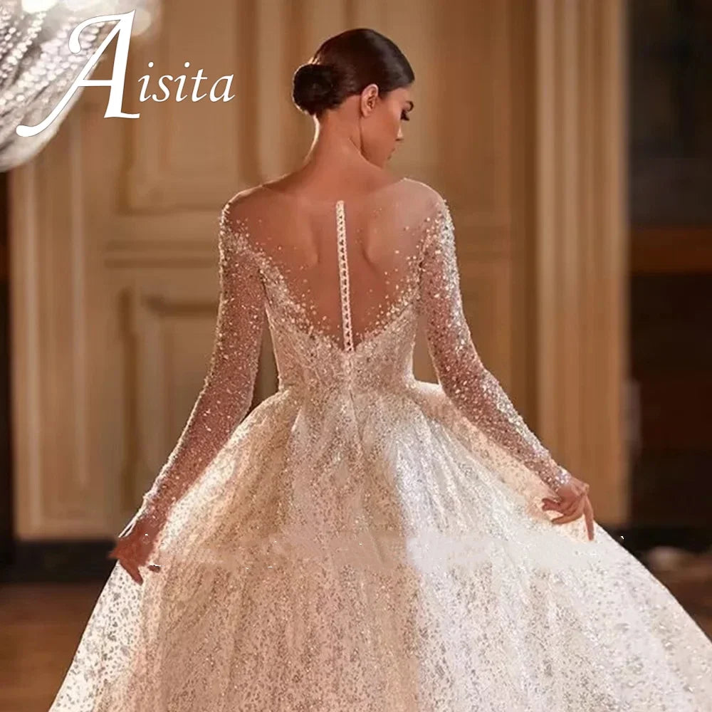 Vestidos De Novia Shining Sequin A-Line Long Sleeves Ball Gown Wedding Dress Beading Tulle Luxury Hochzeitskleid Button Back