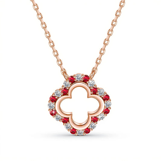 925 Silver Lucky Four-leaf Clover Moissanite Necklace Temperament Ladie Jewelry Red Corundum Gold Plated Solitaire Choker