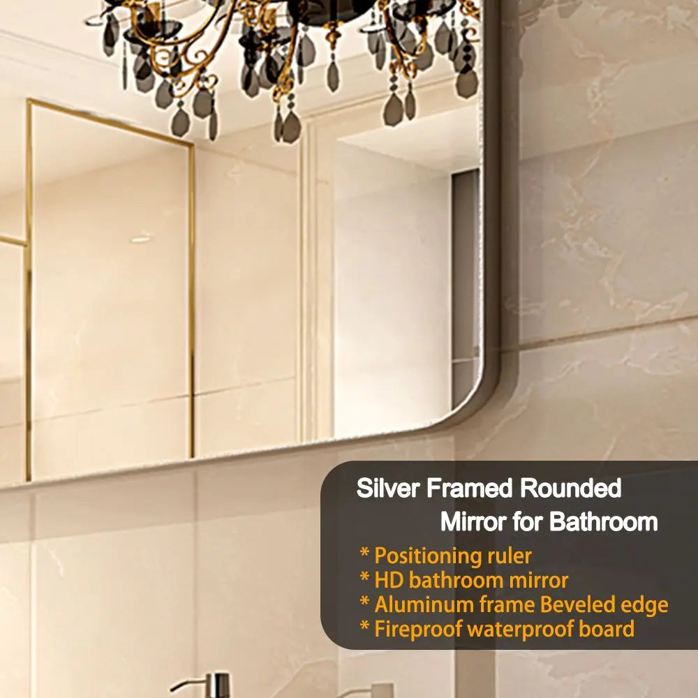 30x20inch Glossy Brushed Silver Rectangle Bathroom Mirror Wall Metal Frame Rounded Corner Deep Set Design Hangs Wall for
