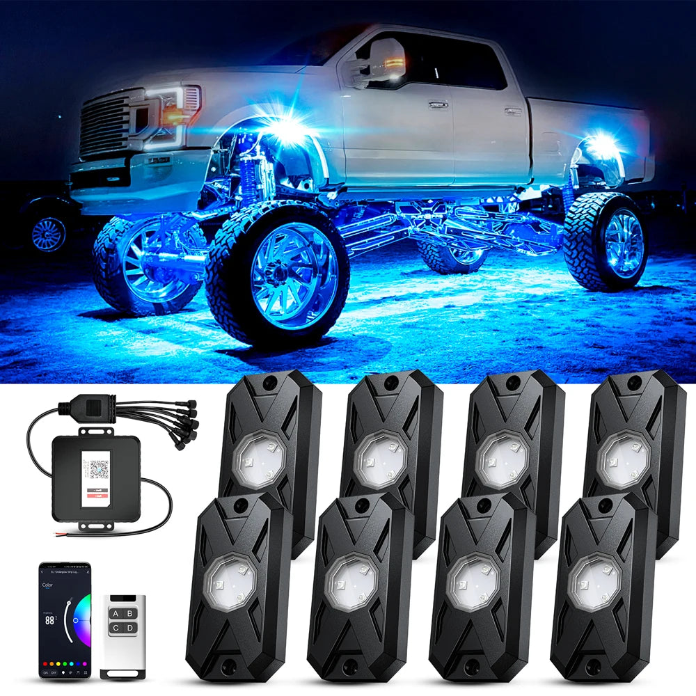 RGB LED Trail Rig Light Rock Lights 4/6/8 Pods Underglow App Remote Control Music Mode for Pickup ATV RZR UTV Chassis Lighting