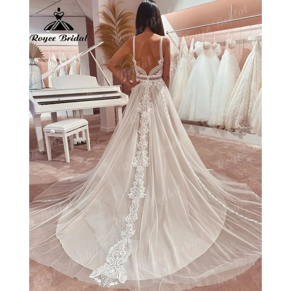 2025 Boheme Chic Boho Beach Lace V Neck Backless Summer Wedding Dress for Women Bridal Gown Robe Mariee suknia slubna Customized