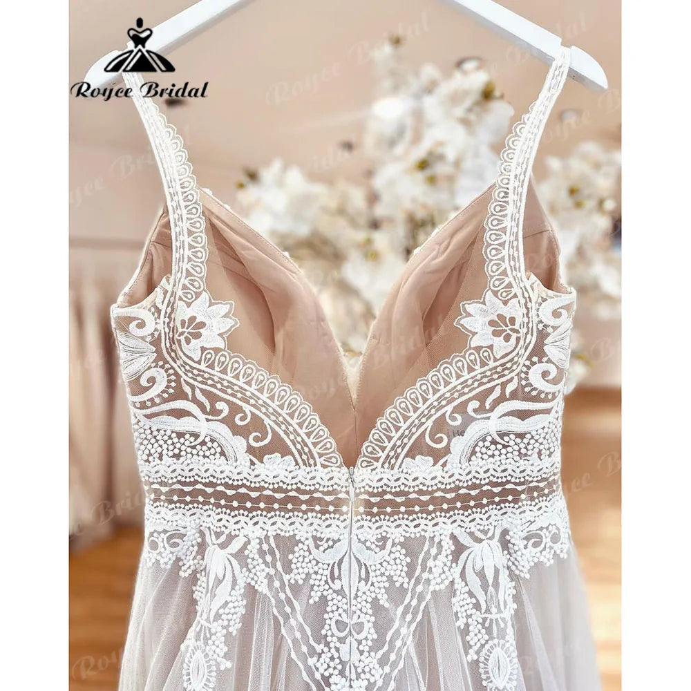 2025 Boheme Chic Boho Beach Lace V Neck Backless Summer Wedding Dress for Women Bridal Gown Robe Mariee suknia slubna Customized