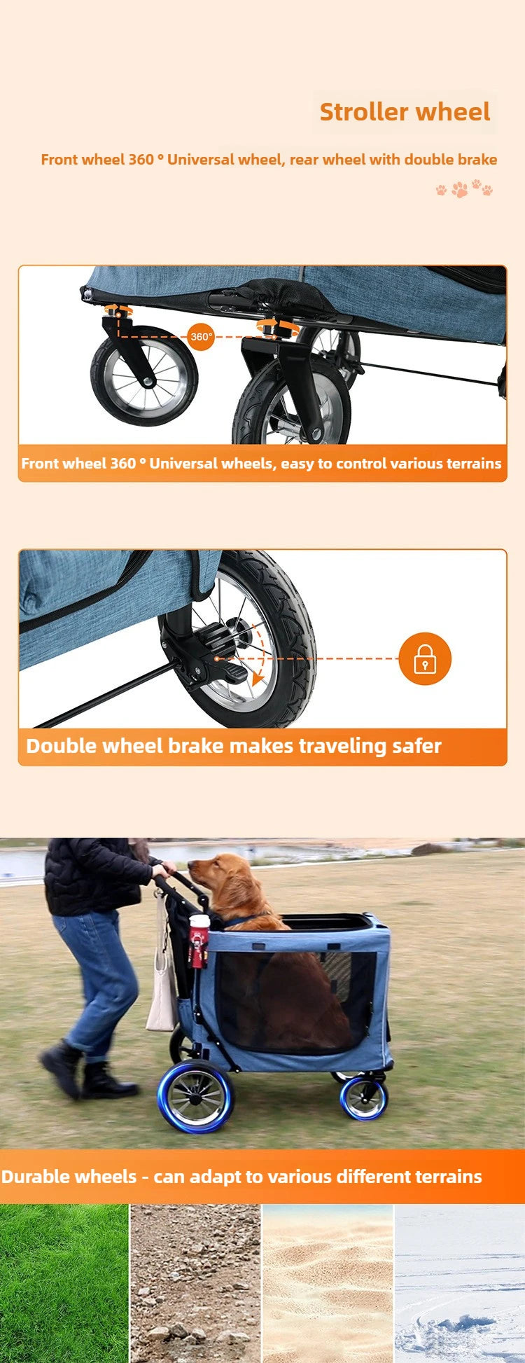 Large Dog Stroller Foldable Travel Portable Cat and Dogs  Strollers Strong and Durable Carriers Breathable Pet Products