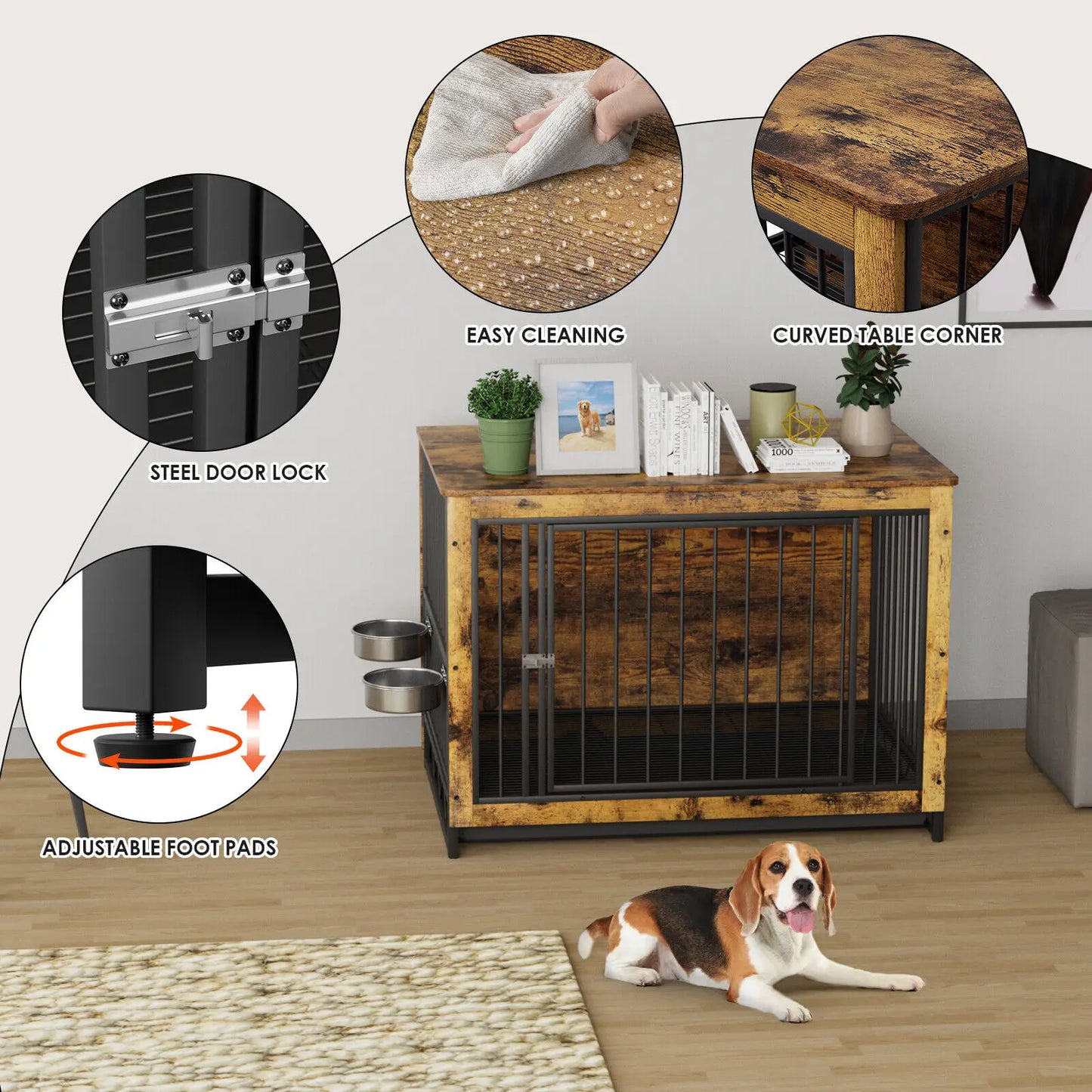 Furniture Style Dog Crate,Wooden Heavy Duty Dog Kennel with Adjustable Raised Feeder for Dogs 2 Stainless Steel Bowls Brown/Gray