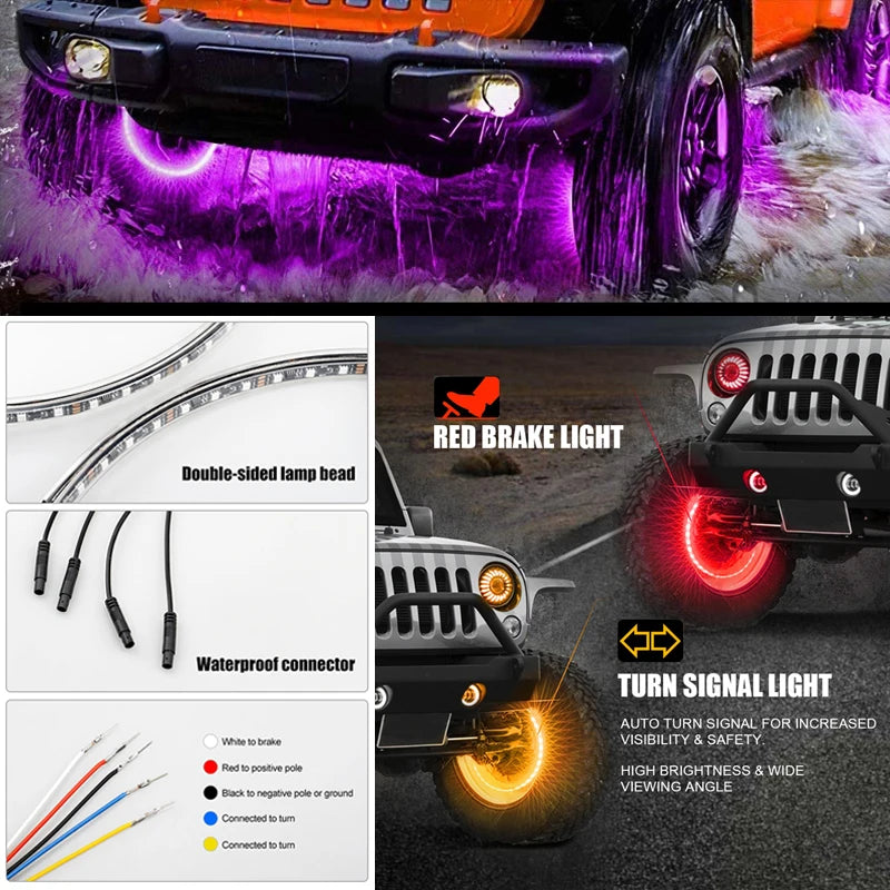 4 Pcs RGB Car Wheel Light For 15.5 inch 17 inch 19 inch APP/Remote Car Hub Light 12V LED With Brake Steering Phantom Neon Lamp