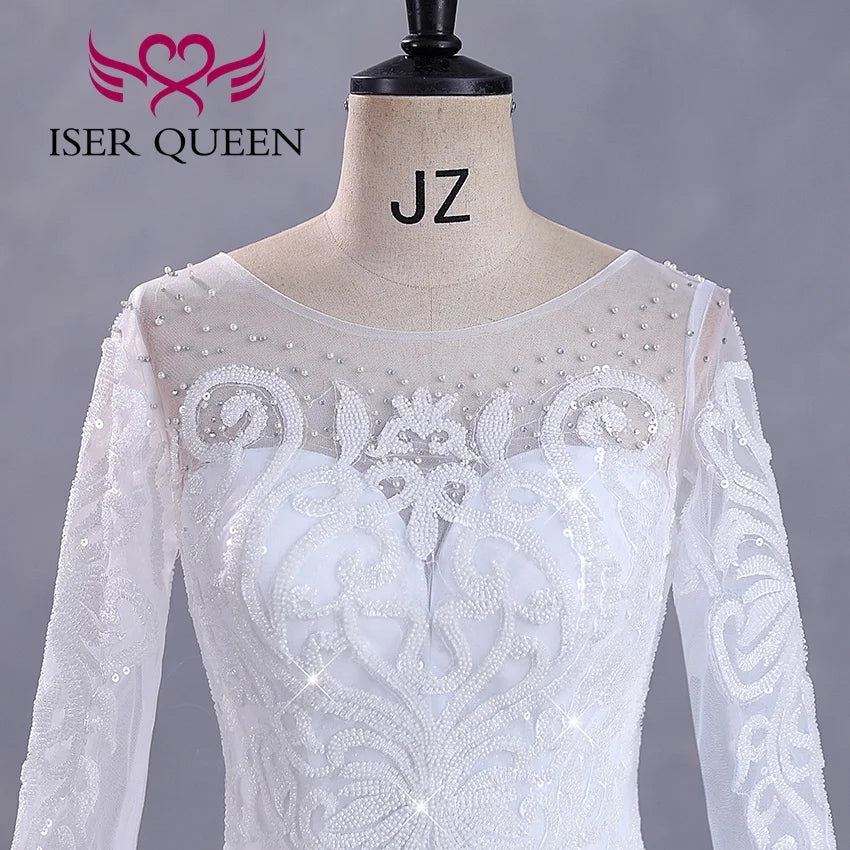 Fashion Long Sleeves Bride Dress For Wedding Small Pearls Beaded Lace Appliques Princess Wedding Dress WX0422