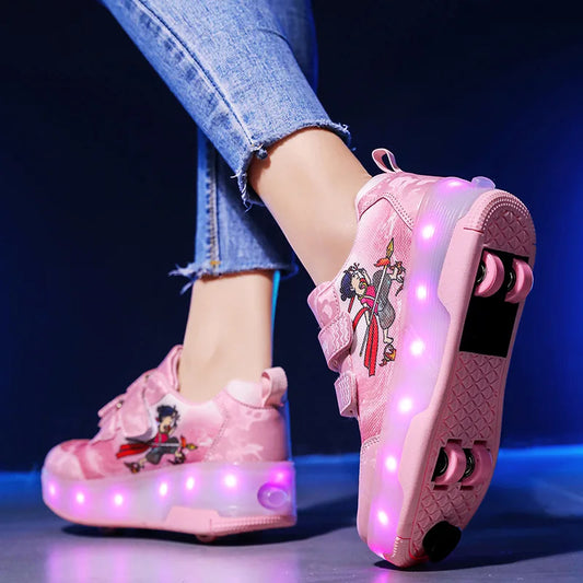 Children's Low-top Four-wheel Roller Skates Luminous with Brake Pads and Wheels Sports Shoes Dual-purpose Skating Casual Shoes