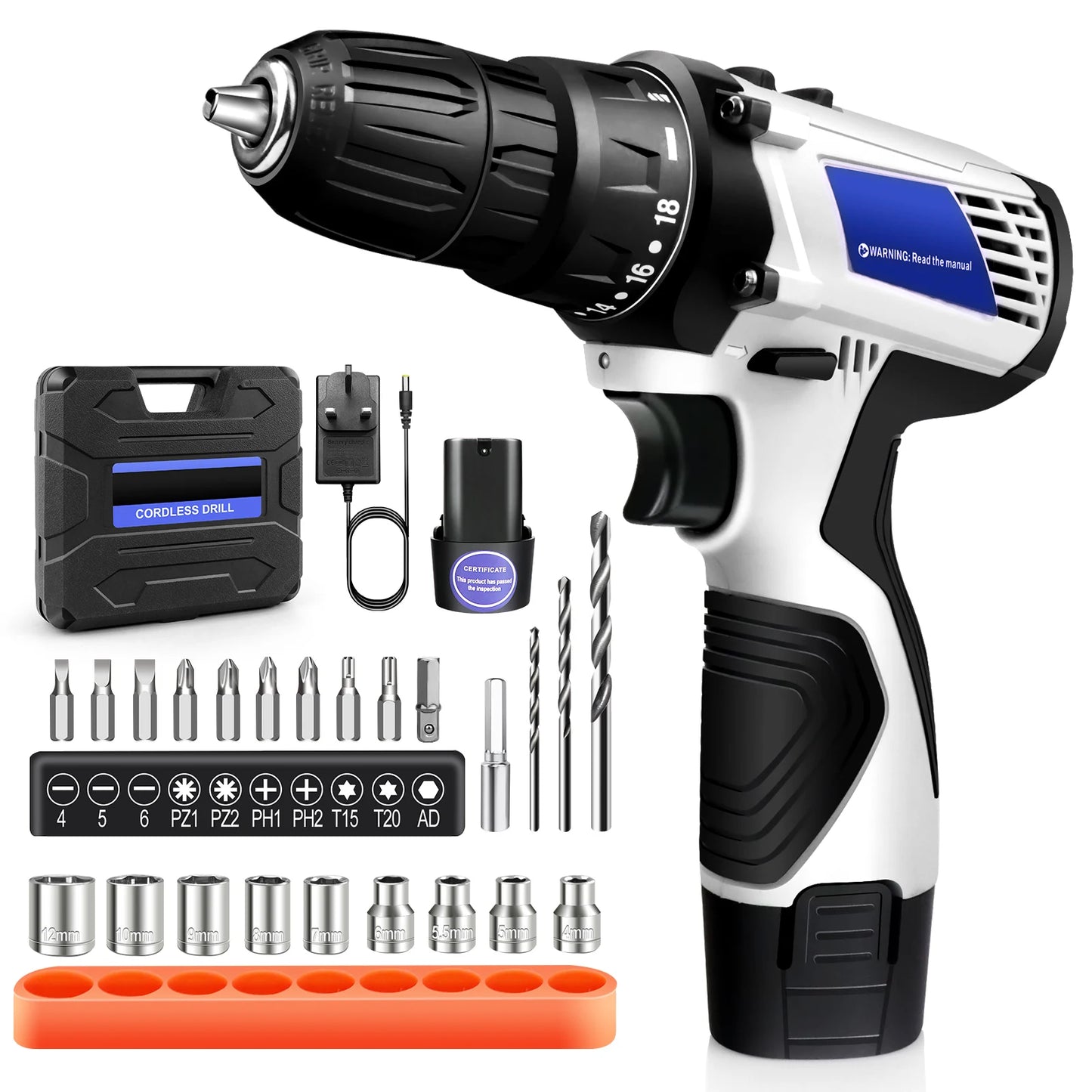 DayPlus Mini Cordless Drill Driver Kit,12V Electric Screwdriver Tool+LED Work Light,High Torque 45N.m,3/8Inch Keyless Chuck,18+1