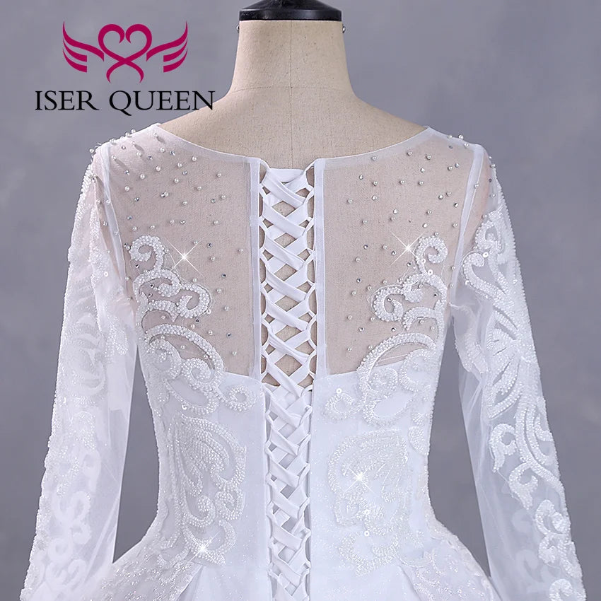 Fashion Long Sleeves Bride Dress For Wedding Small Pearls Beaded Lace Appliques Princess Wedding Dress WX0422