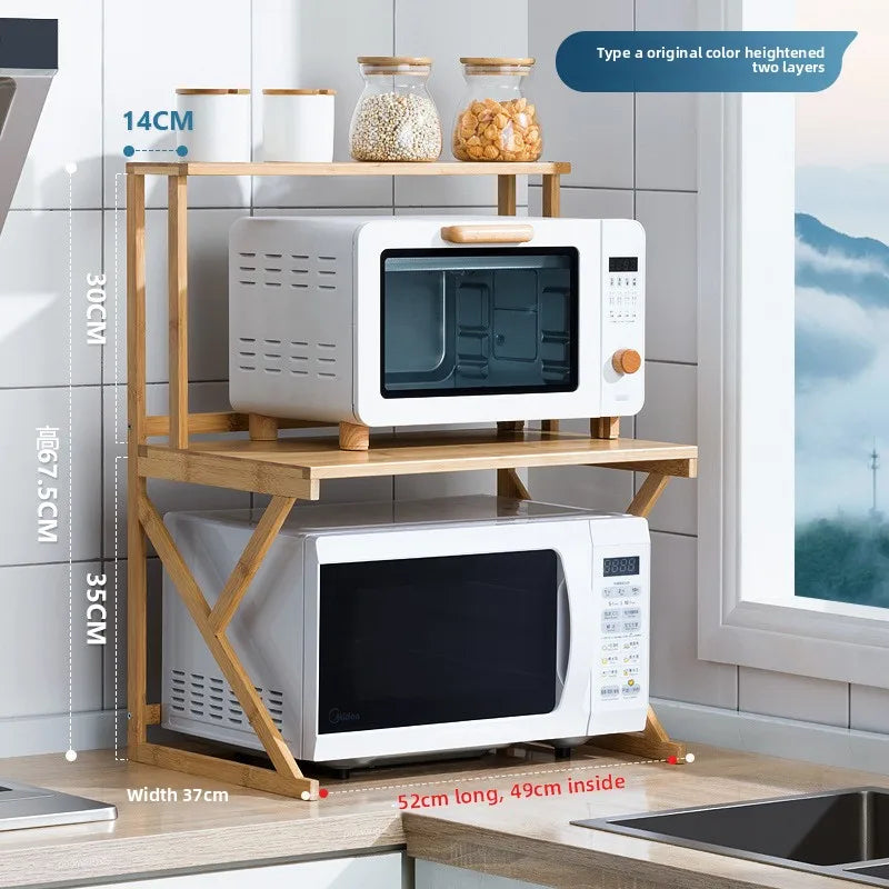 Kitchen Shelf Countertop Double Microwave Oven Shelf Desktop Seasoning Oven Storage Rack Bamboo Solid Wood