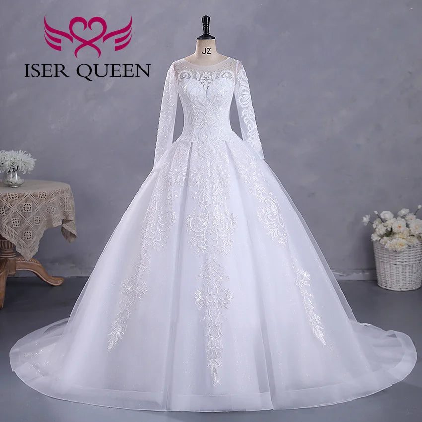 Fashion Long Sleeves Bride Dress For Wedding Small Pearls Beaded Lace Appliques Princess Wedding Dress WX0422