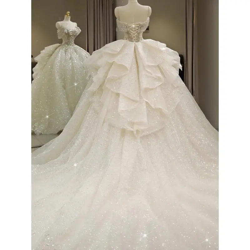 2024 New The Shoulder Wedding Dress Lace Up Luxury Bridal Ball Gown Vestido De Noiva Sweep Large Train Plus Size Made Customized