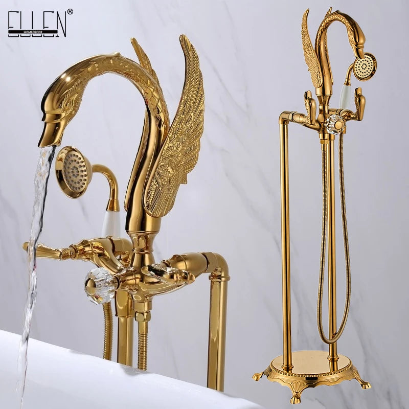 ELLEN Bath Floor Stand Faucets Gold Luxury Swan Bathtub Faucet  Free Standing Bath Faucet Hot Cold with Hand Shower ELB727