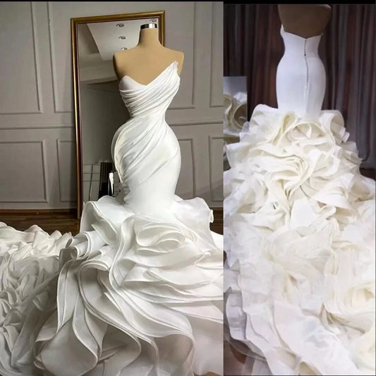 Elegant Mermaid Wedding Dresses Sweetheart Pleat Ruffles Tiered Skirt Organza Chapel Train Formal Bridal Gowns Customized