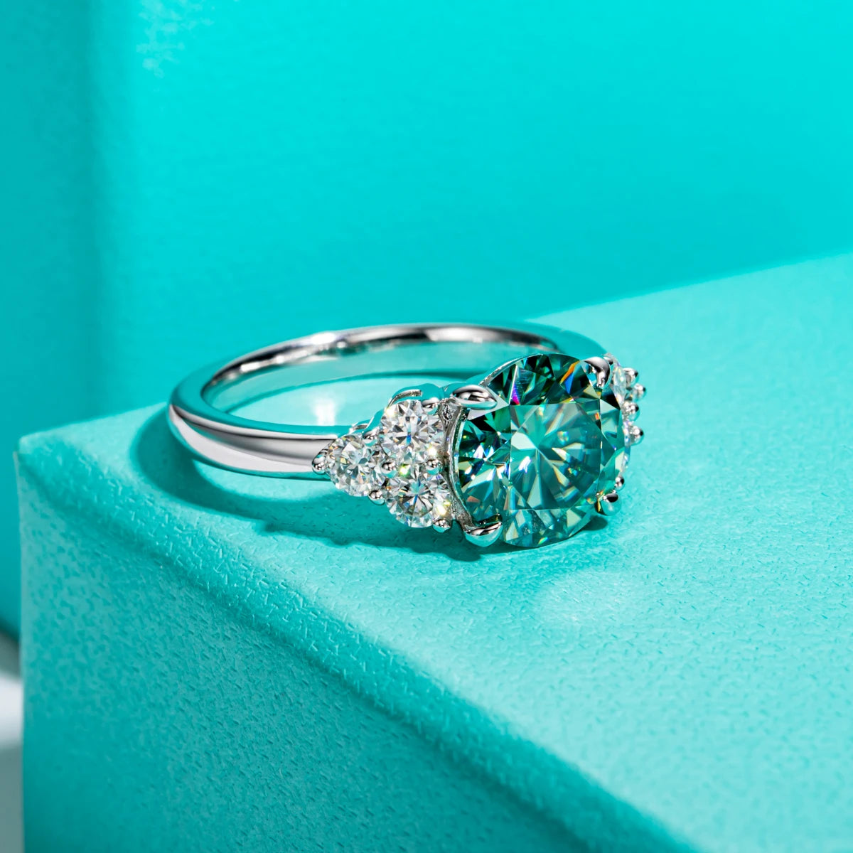 AnuJewel 3ct Round Cut Blue Green Color Moissanite Engagement Ring 18K Gold Plated Silver Luxury Wedding Ring Jewelry  Wholesale