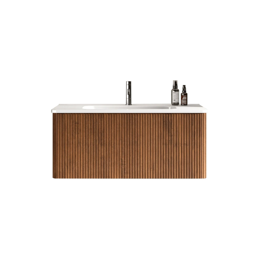 Modern Striped Walnut Floating Bathroom Vanity with Wall Mounted White Ceramic Sink and One-Piece White Basin Drain Faucet
