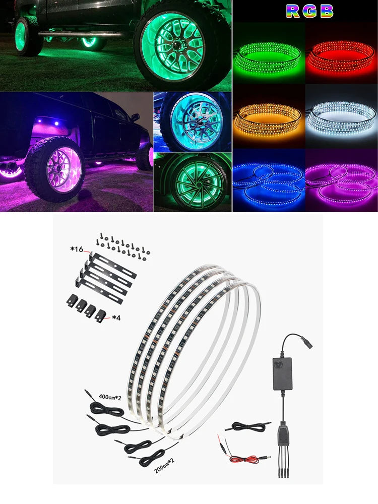 4 Pcs RGB Car Wheel Light For 15.5 inch 17 inch 19 inch APP/Remote Car Hub Light 12V LED With Brake Steering Phantom Neon Lamp