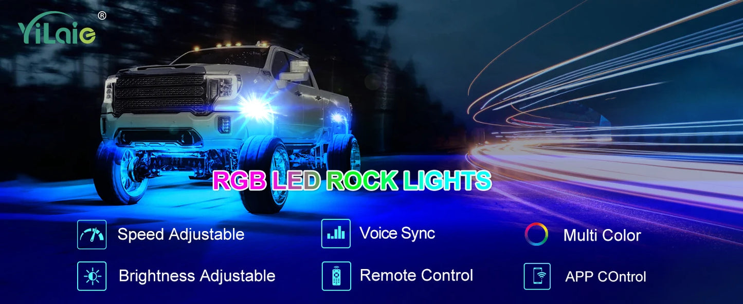 RGB LED Trail Rig Light Rock Lights 4/6/8 Pods Underglow App Remote Control Music Mode for Pickup ATV RZR UTV Chassis Lighting