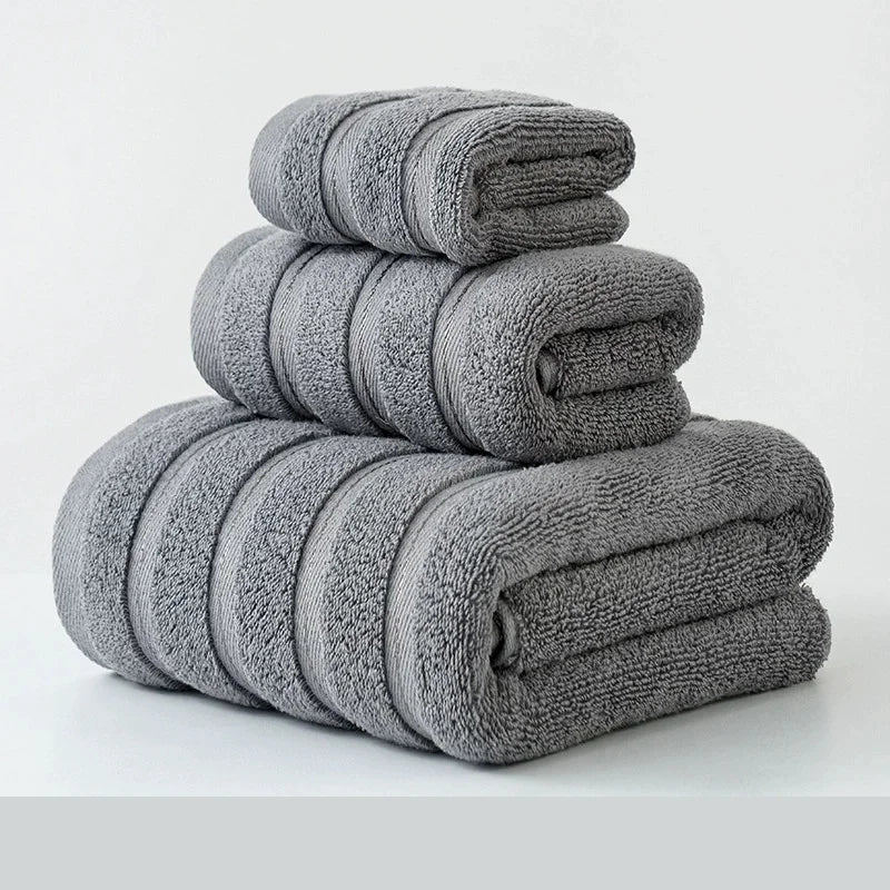 3pcs Towel Bundle Set,100%Cotton,Hand+Face+Bath Washcloth, Stripe Decor 70*140cm Home Hotel Solid White Grey Towels Gift