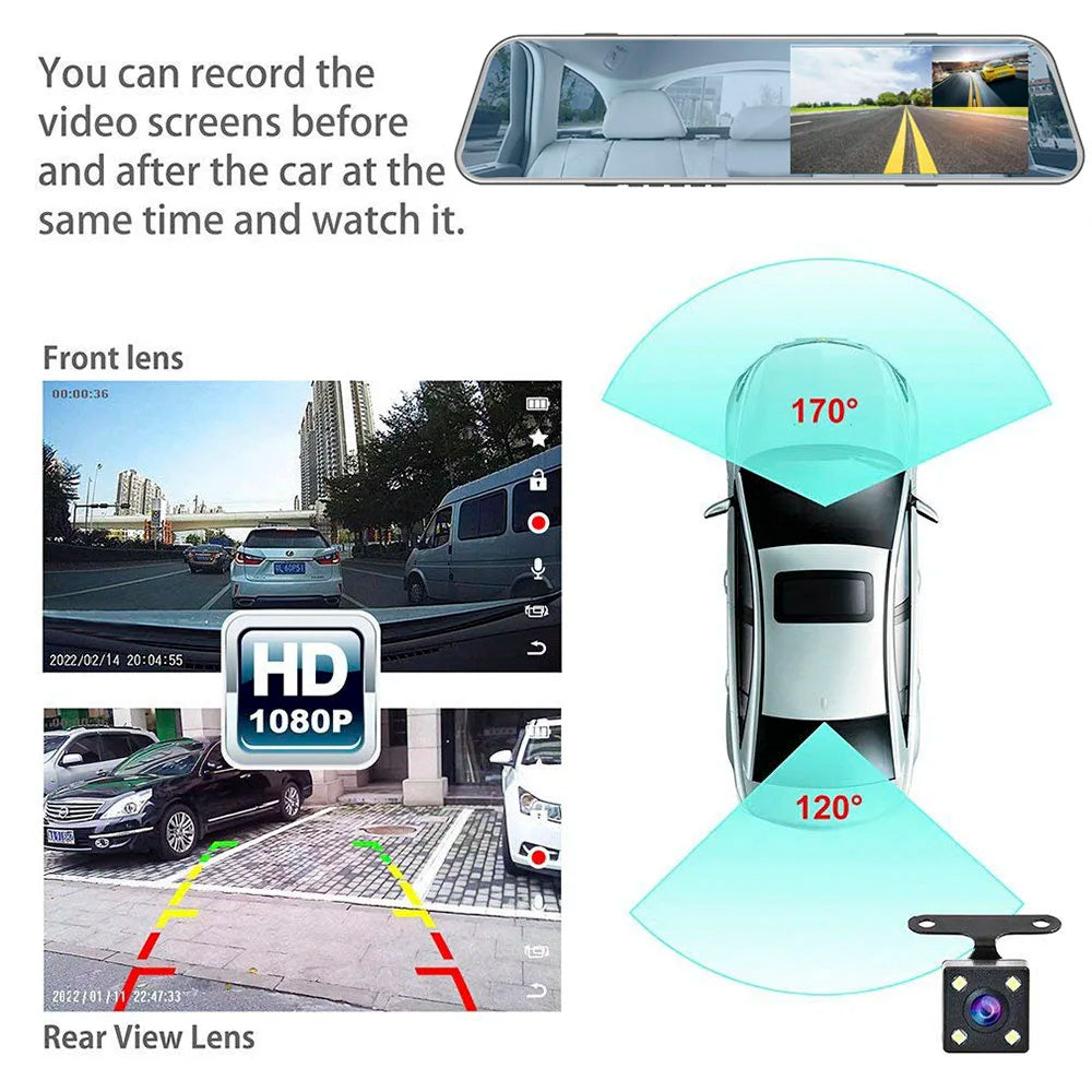 HGDO 5" Dash Cam Mirror Recorder 3 in 1 1080P Avto Dvr Touch Screen Rear View Camera with Parking Sensor Car Cam Video Box