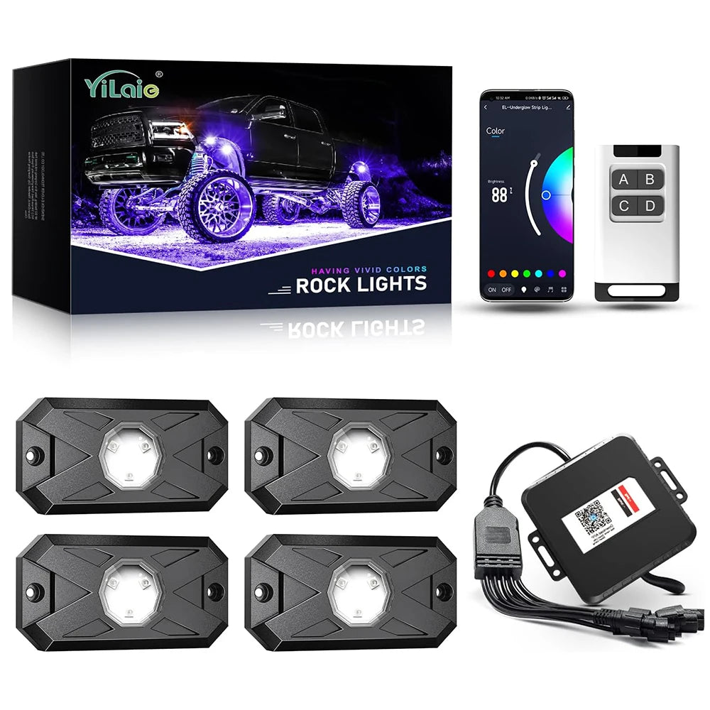 RGB LED Trail Rig Light Rock Lights 4/6/8 Pods Underglow App Remote Control Music Mode for Pickup ATV RZR UTV Chassis Lighting