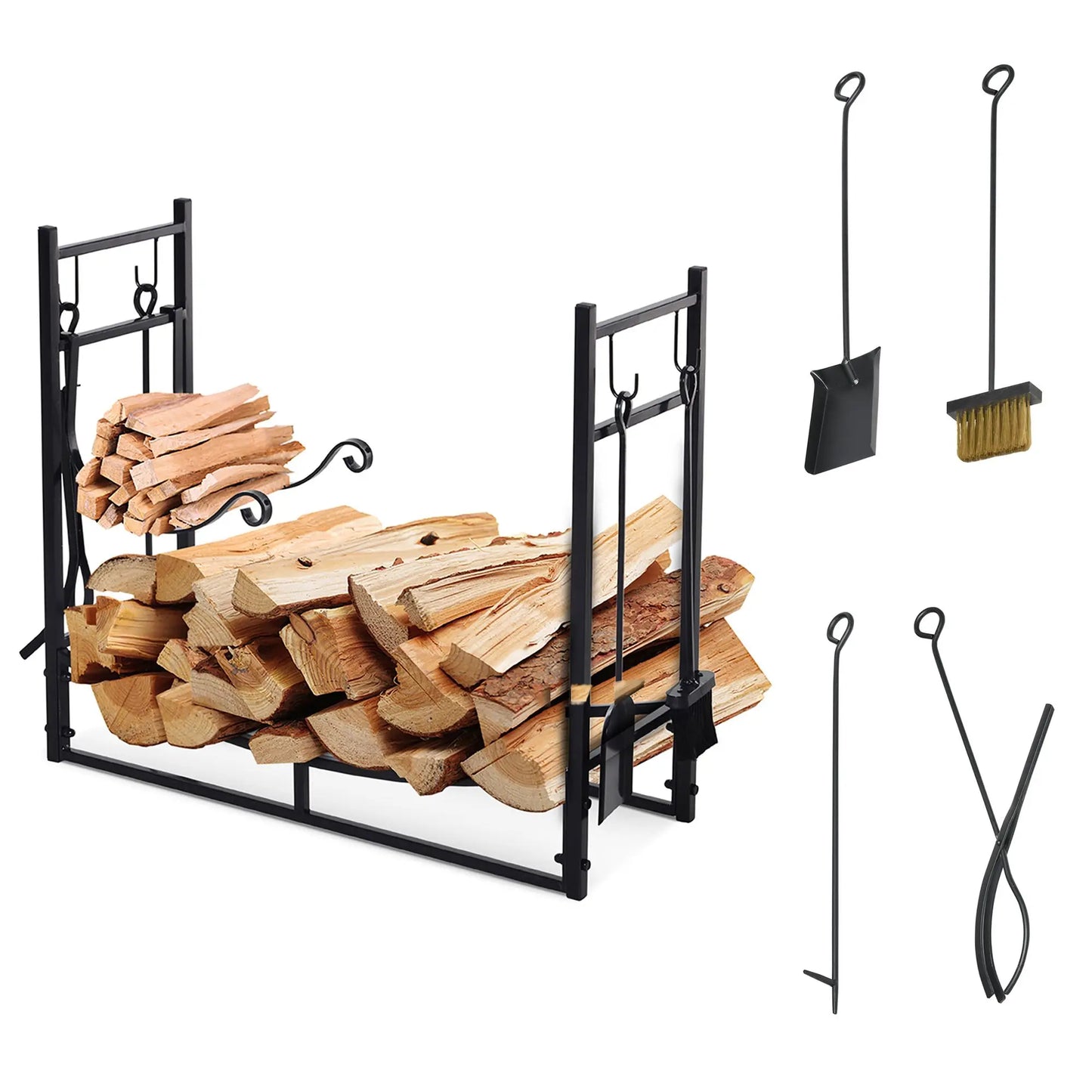 Firewood Rack with Fireplace Tools, Indoor OutdoorFirewood Holder, Includes Poker, Tongs, Broom, Shovel, Black