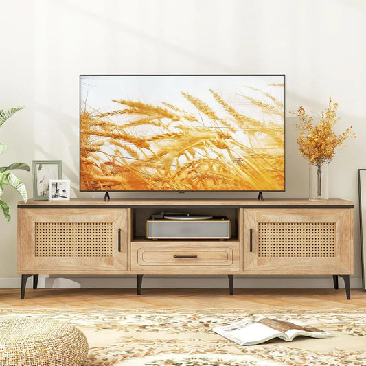 Boho TV Stand for 65 Inch TVs, Mid Century Modern Media Entertainment Center with Drawer, 2 Cabinets with Rattan Doors, Metal L
