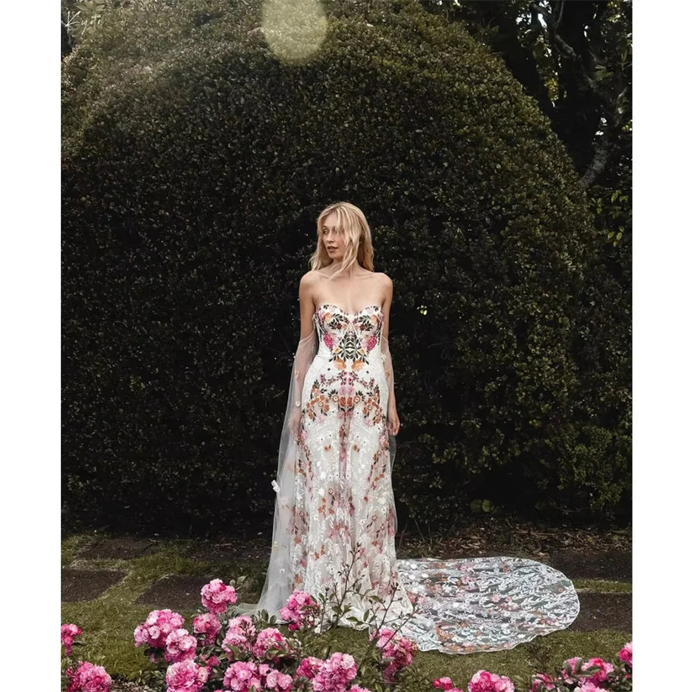 Kyoto Off Shoulder Colorful Floral Embroidery Wedding Dress Puffy Sleeves vestidos de novia Customized Low Back Bridal Gown 2025