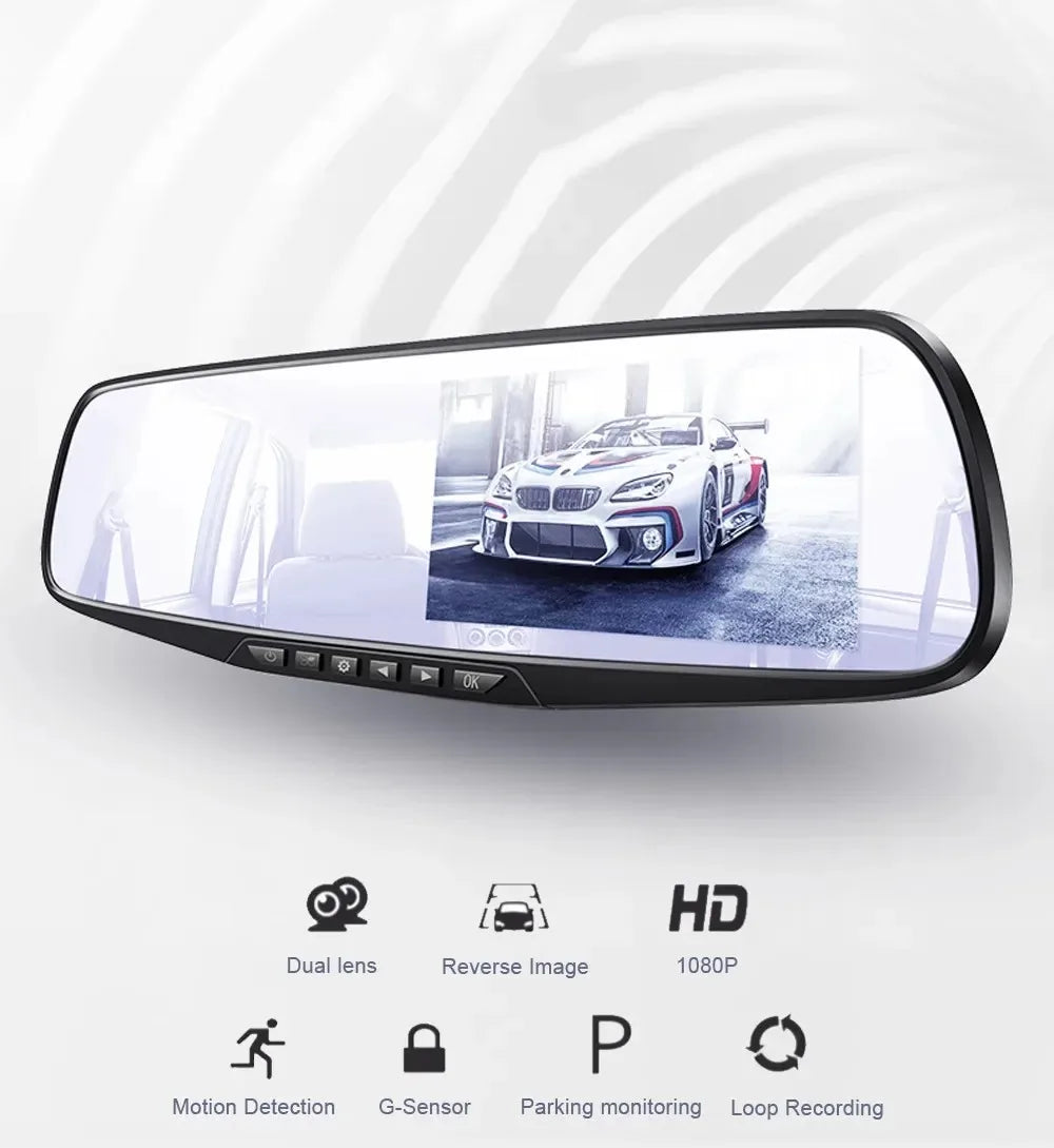 1080P IPS 4.3Inch Driving Recorder Car DVR Rearview Mirror Dual Lens Car Recorder Front and Rear Camera Registrar Black Box New
