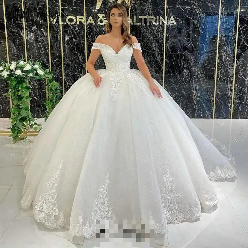 Maria Novia Off The Shoulder Wedding Dresses Lace Boat Neck Sweep Train Appliques Glitter Tulle Luxury Robe De Mariée Customized