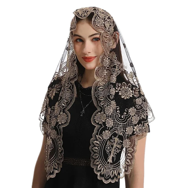 Women Head Covering Bridal Wedding Cross Embroidery Catholic Church Veil