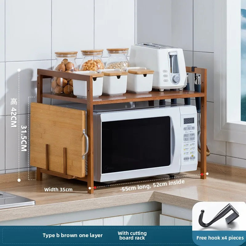 Kitchen Shelf Countertop Double Microwave Oven Shelf Desktop Seasoning Oven Storage Rack Bamboo Solid Wood