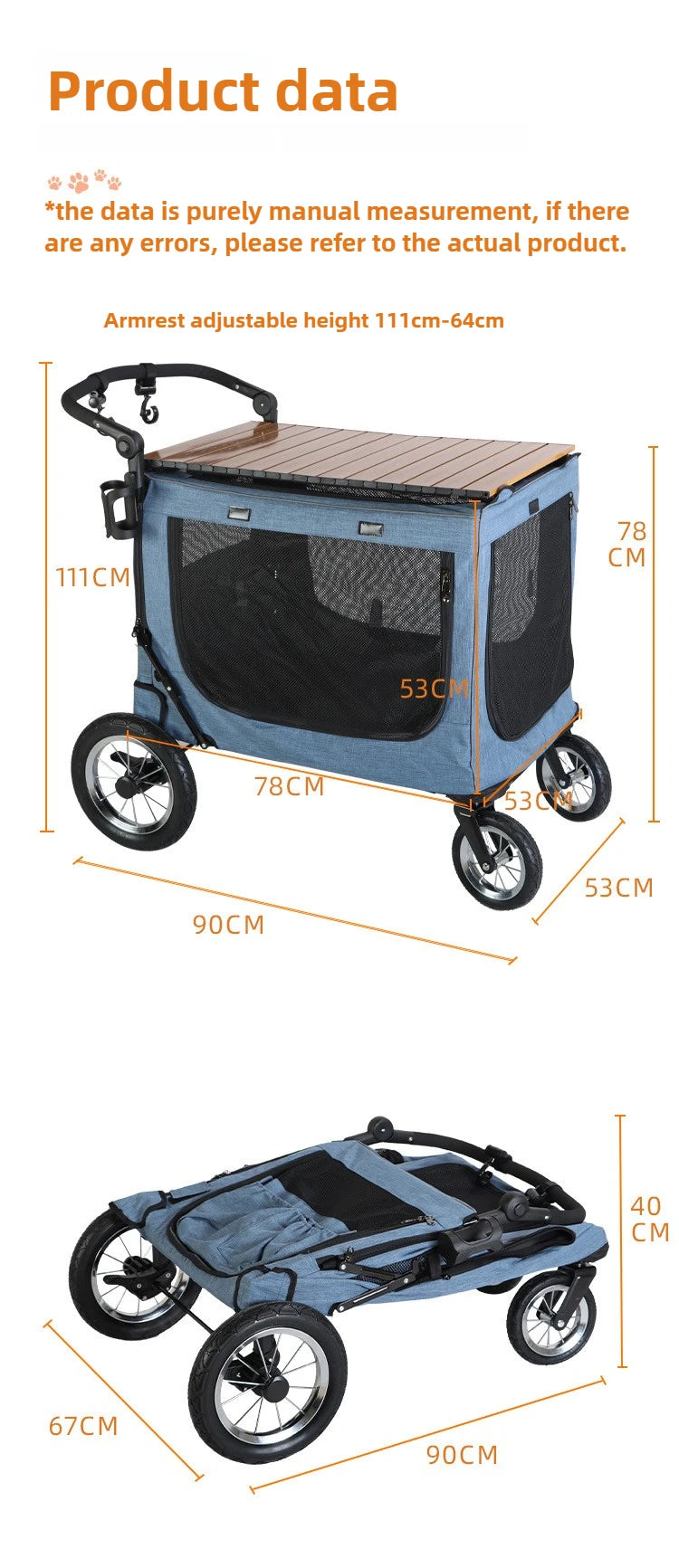 Large Dog Stroller Foldable Travel Portable Cat and Dogs  Strollers Strong and Durable Carriers Breathable Pet Products