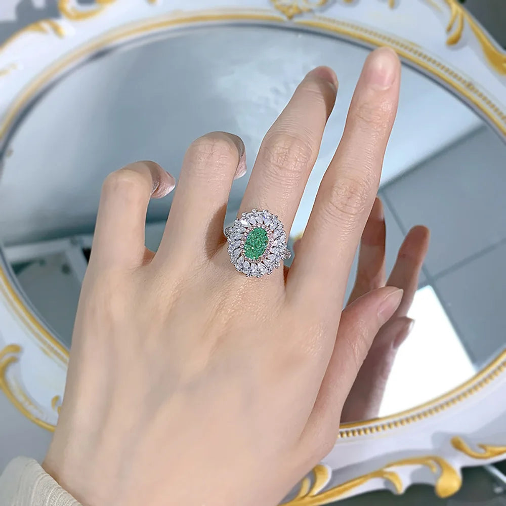 Charms 100% 925 Real Silver 6*9mm Light Green Tourmaline Rings for Women Gemstone Lab Diamond Wedding Party Fine Jewelry Gifts