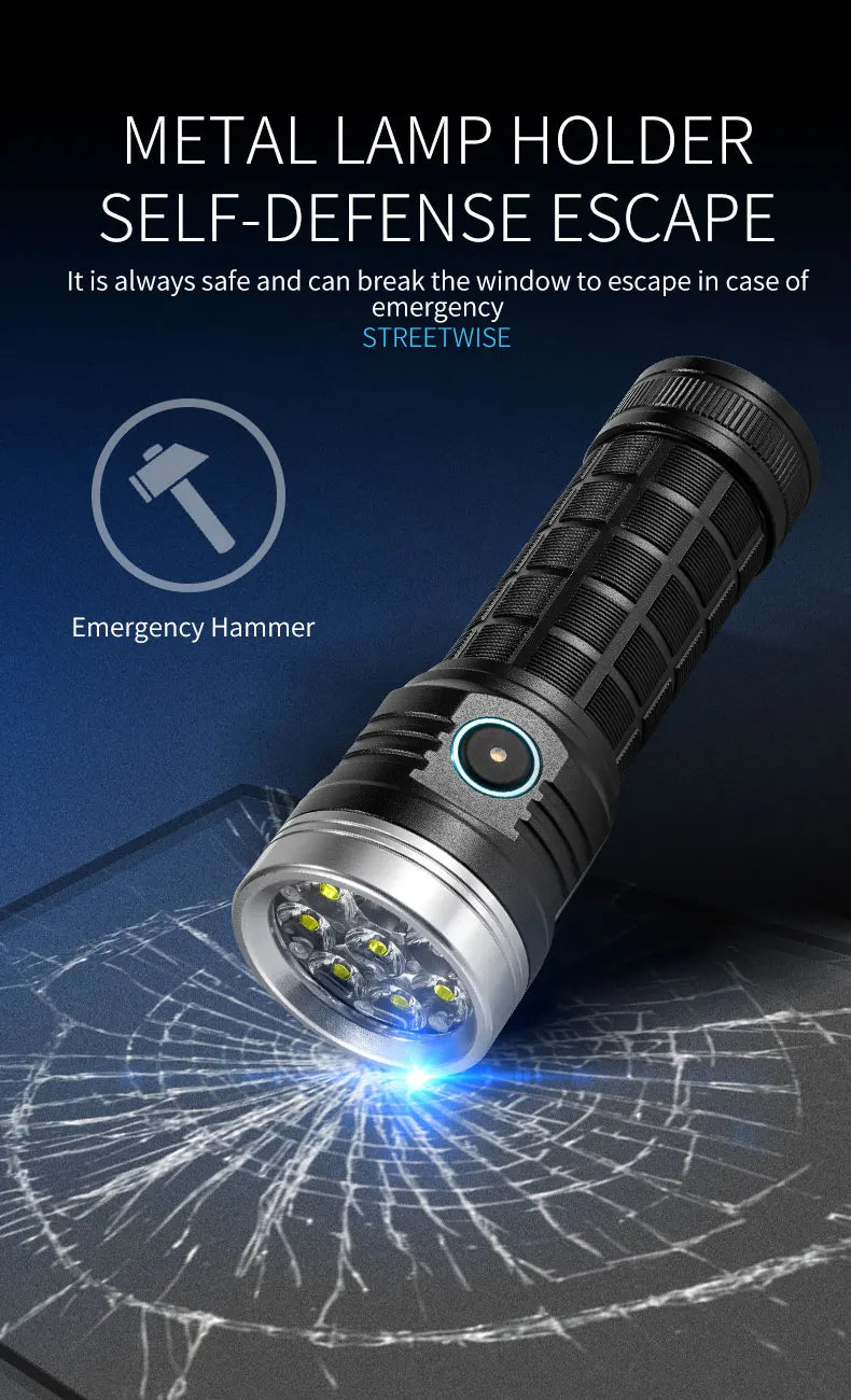 8LED Flashlight Outdoor Super Bright Emergency Torch 5 Lighting Modes Rechargeable Hiking Camping Tactical Flashlight 4000 Lumen