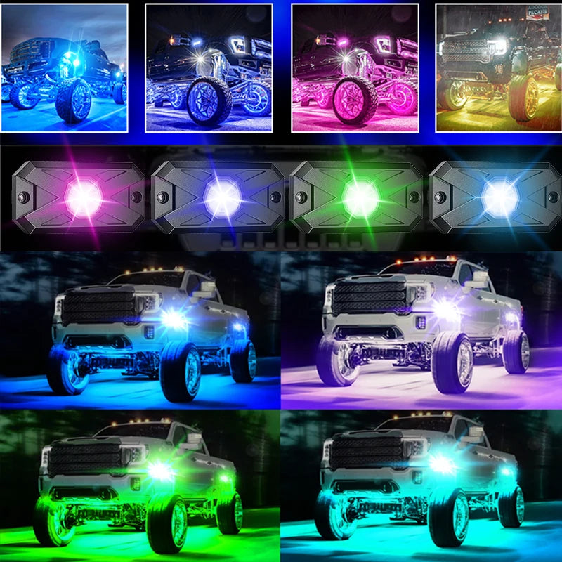 RGB LED Trail Rig Light Rock Lights 4/6/8 Pods Underglow App Remote Control Music Mode for Pickup ATV RZR UTV Chassis Lighting