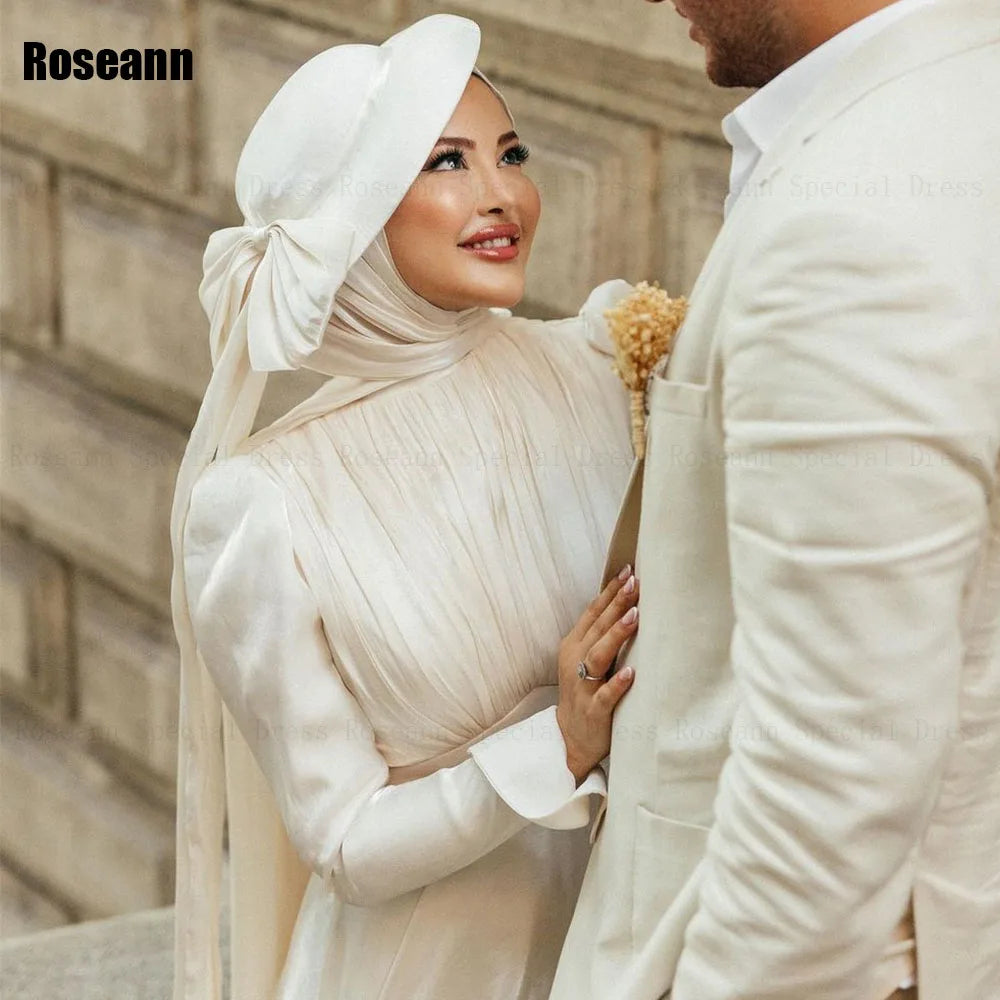 Customized Muslim 2025 New Simple Ivory A-line Wedding Dresses Satin Ribbon Draped Pleat Brush Train Bride Gown robe de mariée