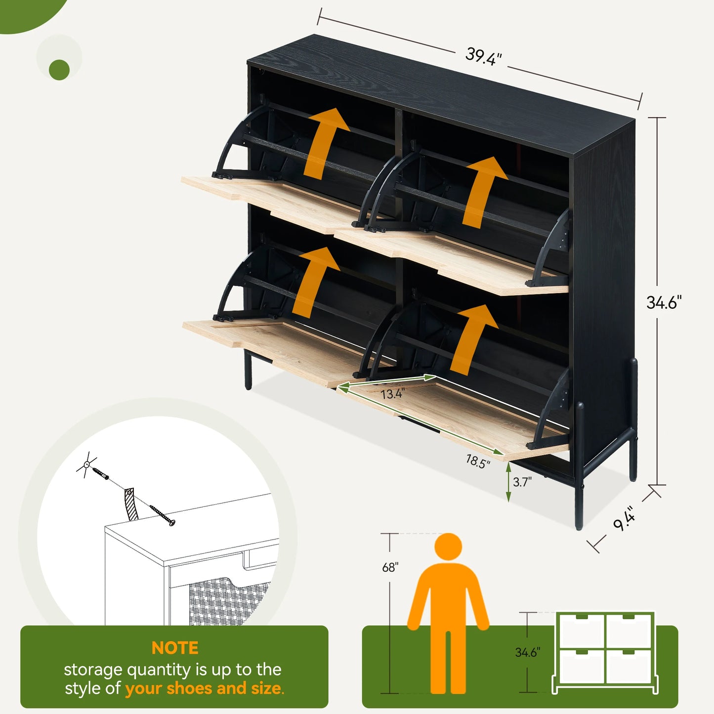 Rattan Shoe Storage Cabinet, Entryway Shoes Cabinet with 4 Flip Doors, Freestanding Shoe Rack with 3 Position Adjustable Shelves