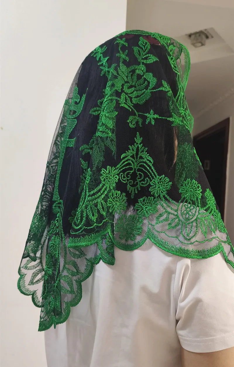 Women Head Covering Bridal Wedding Cross Embroidery Catholic Church Veil