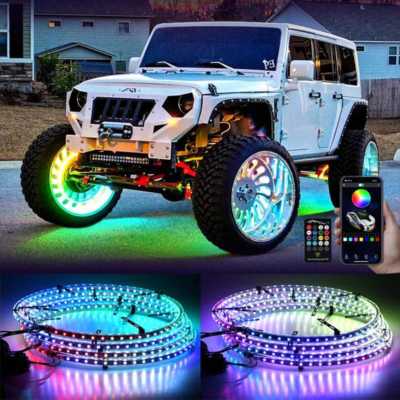 4 Pcs RGB Car Wheel Light For 15.5 inch 17 inch 19 inch APP/Remote Car Hub Light 12V LED With Brake Steering Phantom Neon Lamp