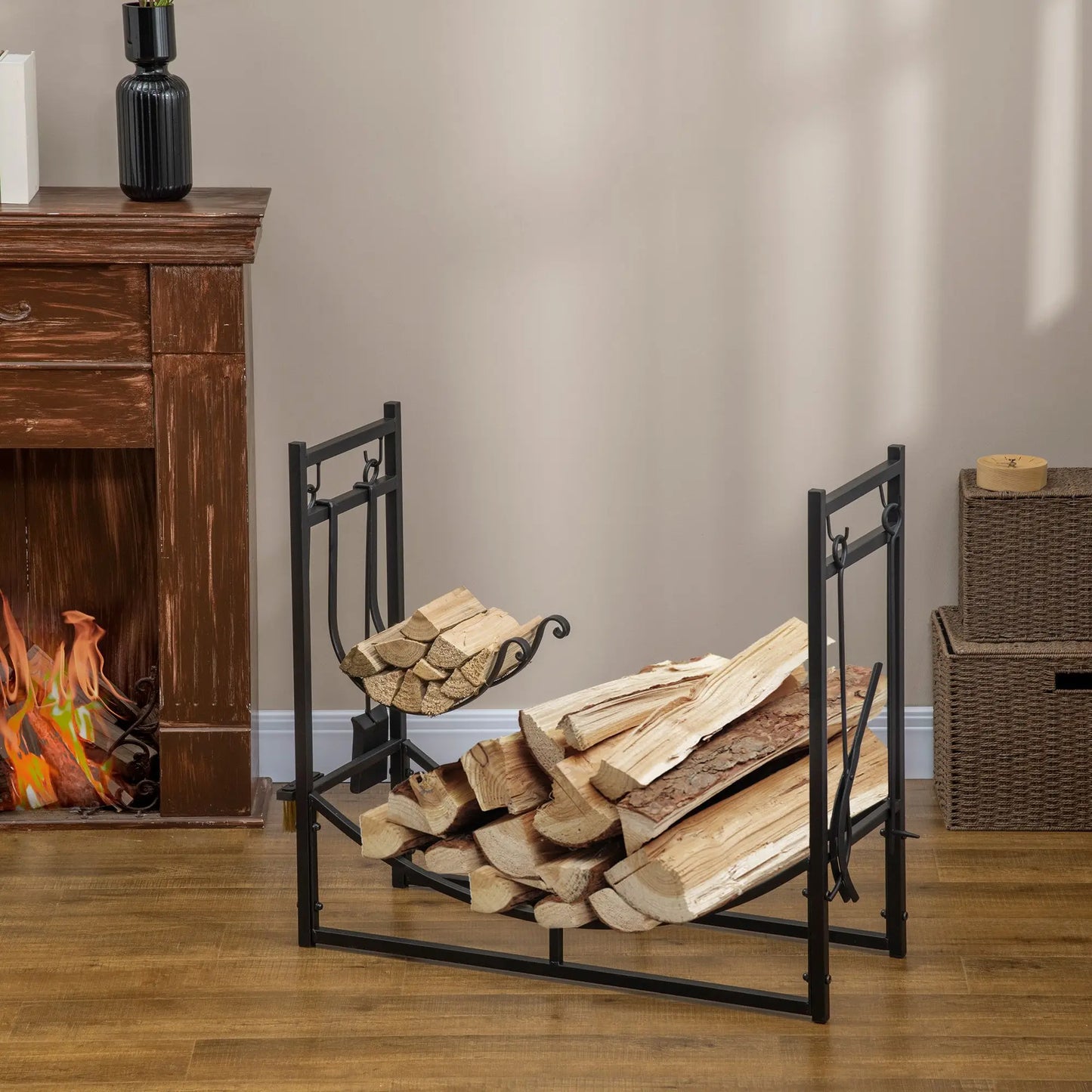 Firewood Rack with Fireplace Tools, Indoor OutdoorFirewood Holder, Includes Poker, Tongs, Broom, Shovel, Black