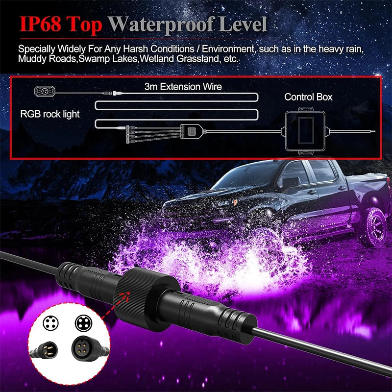RGB LED Trail Rig Light Rock Lights 4/6/8 Pods Underglow App Remote Control Music Mode for Pickup ATV RZR UTV Chassis Lighting