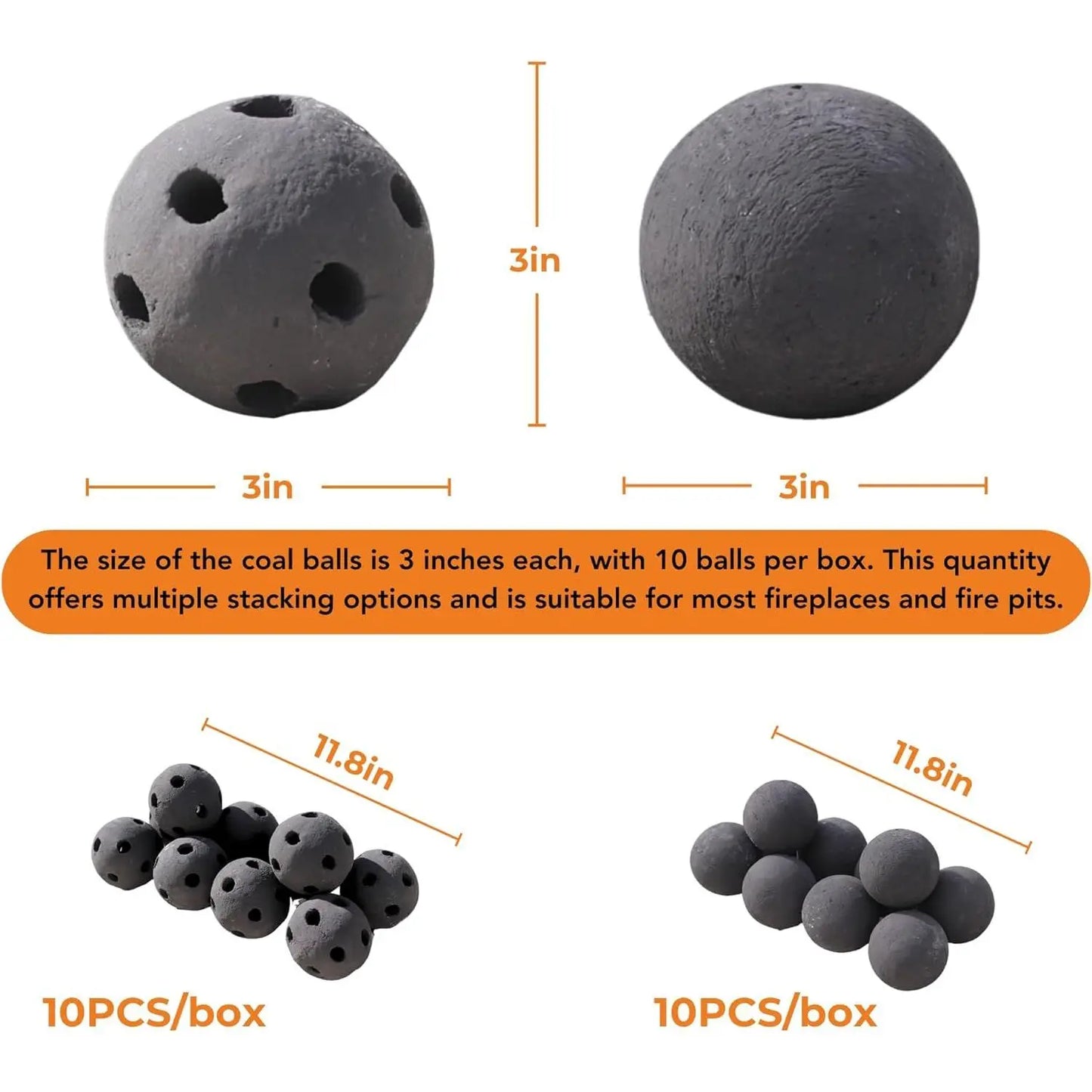 Hollow Ceramic Fire Balls, Set of 10 Fireplace Balls, Modern Accessory for Indoor/Outdoor Fire Pits or Fire Tables, Brushed Conc