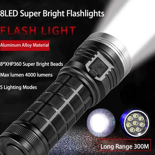 8LED Flashlight Outdoor Super Bright Emergency Torch 5 Lighting Modes Rechargeable Hiking Camping Tactical Flashlight 4000 Lumen